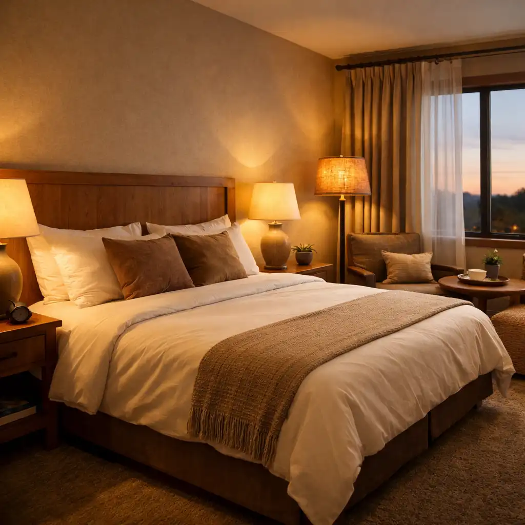 Comfortable hotel room with a neatly made bed and warm bedside lamps