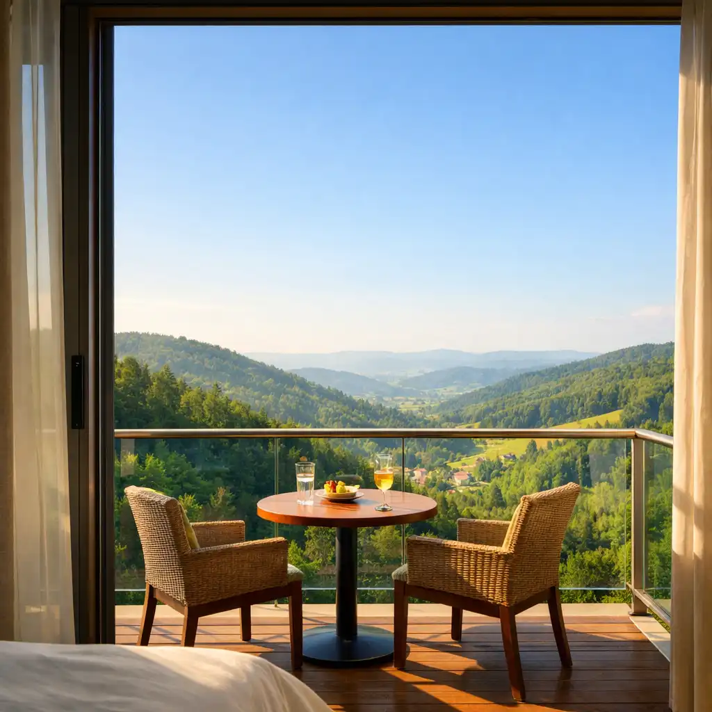 Private balcony with a small table and two chairs overlooking a lush green valley