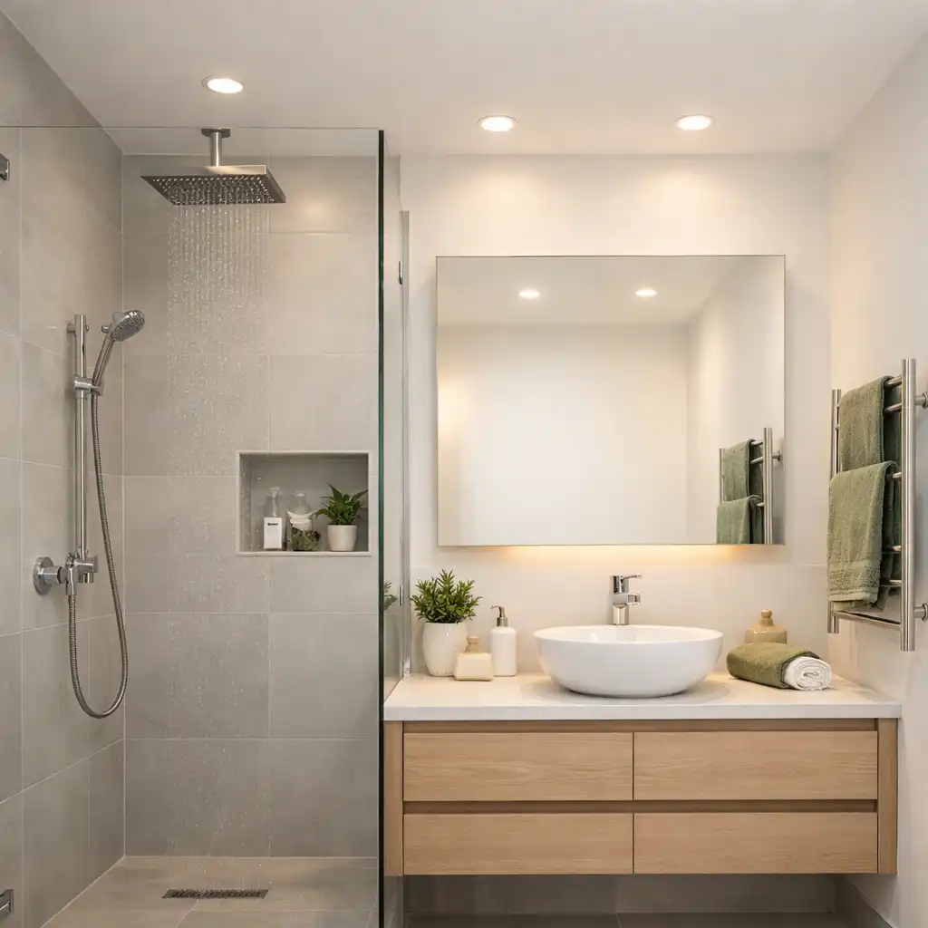 Modern ensuite bathroom with walk-in shower, rainfall showerhead, sleek vanity, and heated towel rails