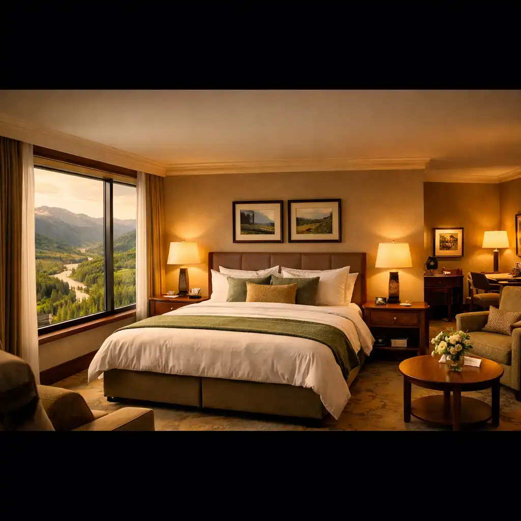 Deluxe Valley View Room with king-sized bed, warm lighting, and large windows overlooking a scenic valley
