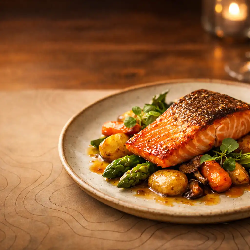 A close-up of an elegantly plated dish featuring fresh New Zealand ingredients, such as pan-seared salmon with roasted vegetables, on a ceramic plate with warm lighting and a subtle contour-line pattern on the tablecloth