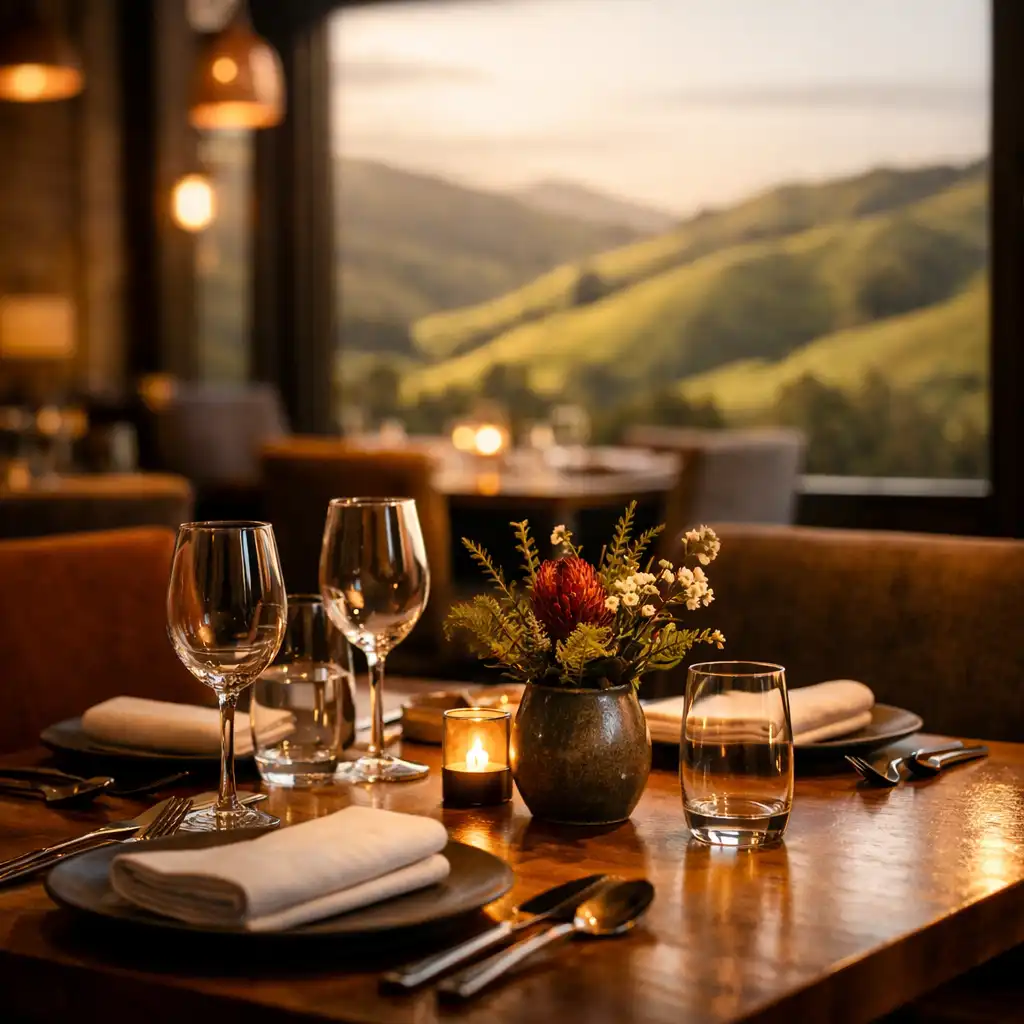 A beautifully set dining table in a contemporary New Zealand restaurant, with a view of rolling green hills through the window, warm ambient lighting, comfortable chairs, and a small vase with native flowers