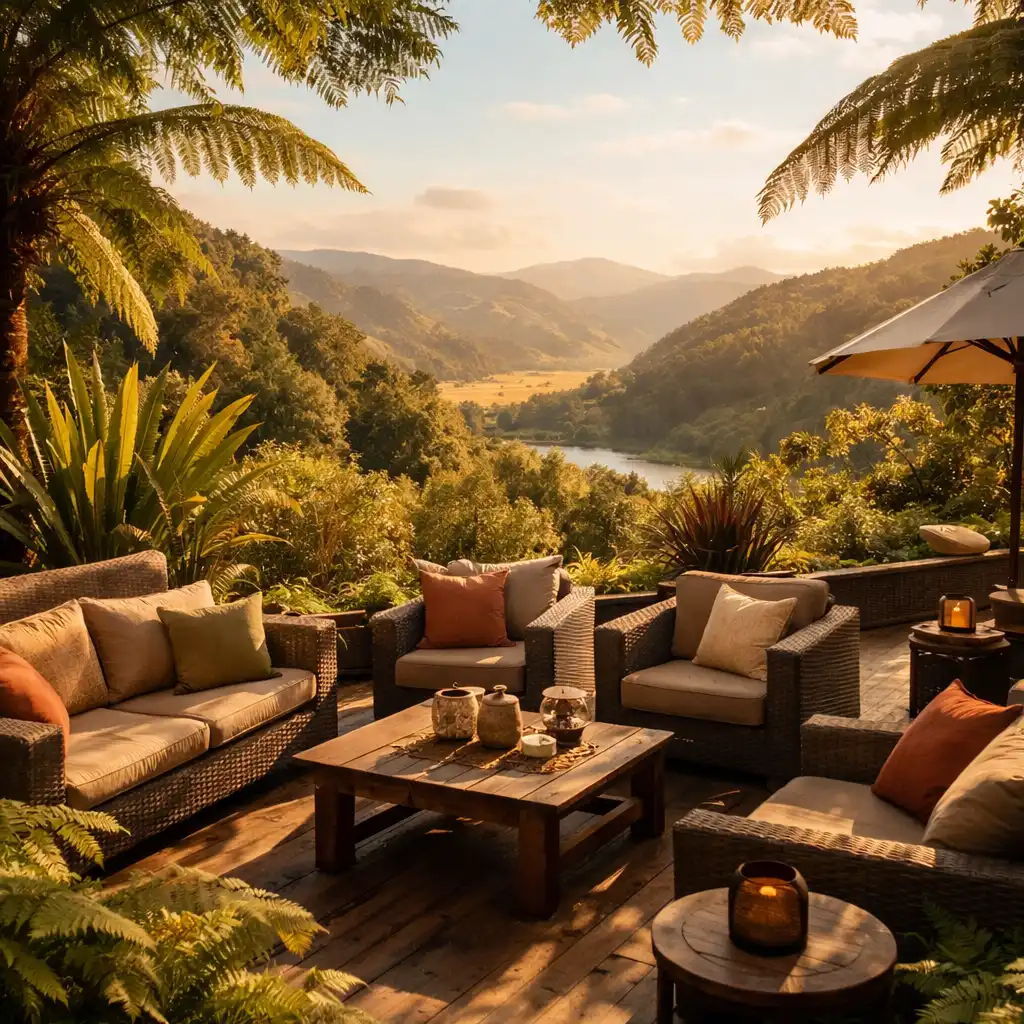 Outdoor hotel terrace with native plants, comfortable furniture, and a view of the valley