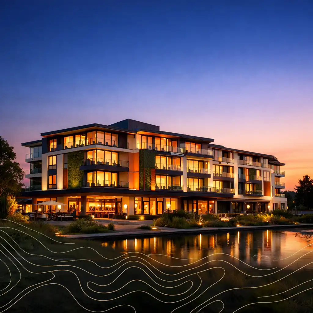 Valley Rest Hotel exterior at dusk with warm lighting and modern architecture
