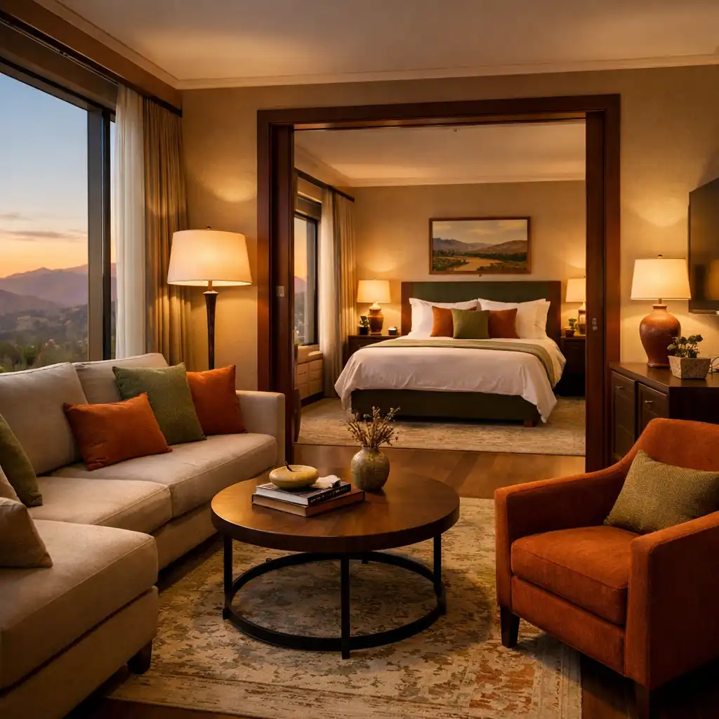 A Panorama Level suite with a separate lounge area, sofa, and floor-to-ceiling windows with expansive valley views