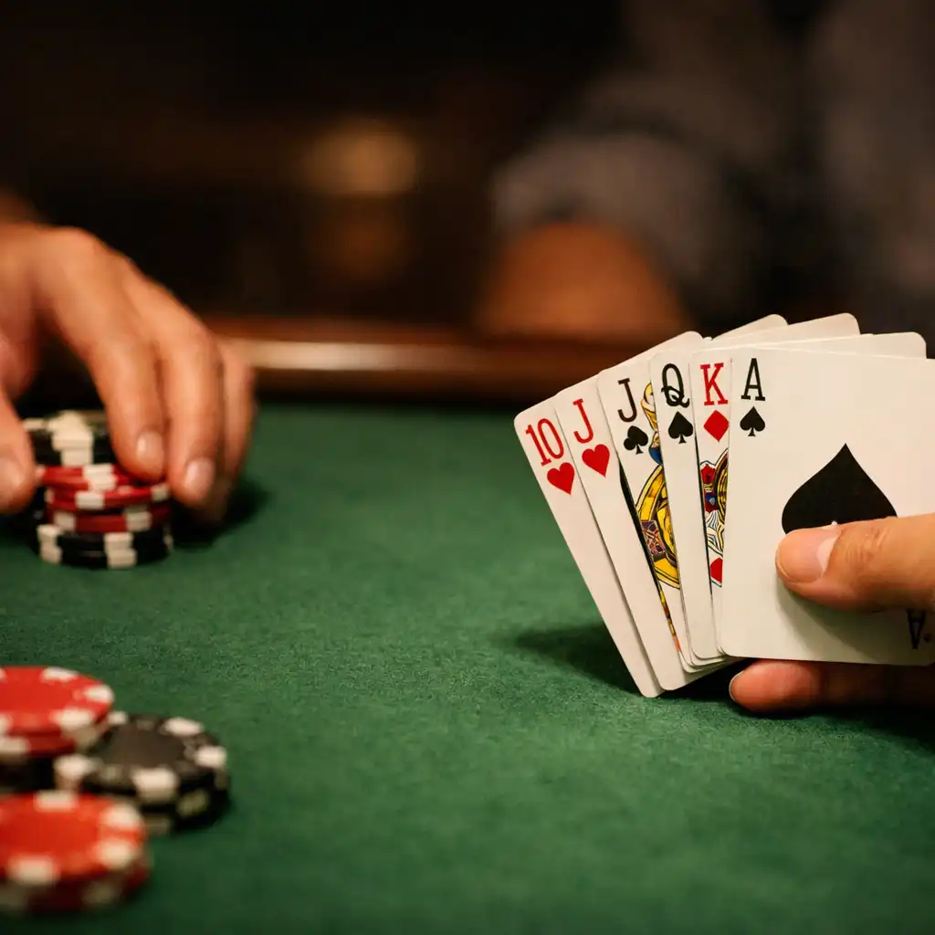 Close-up of players' hands holding cards and moving chips across a green felt poker table