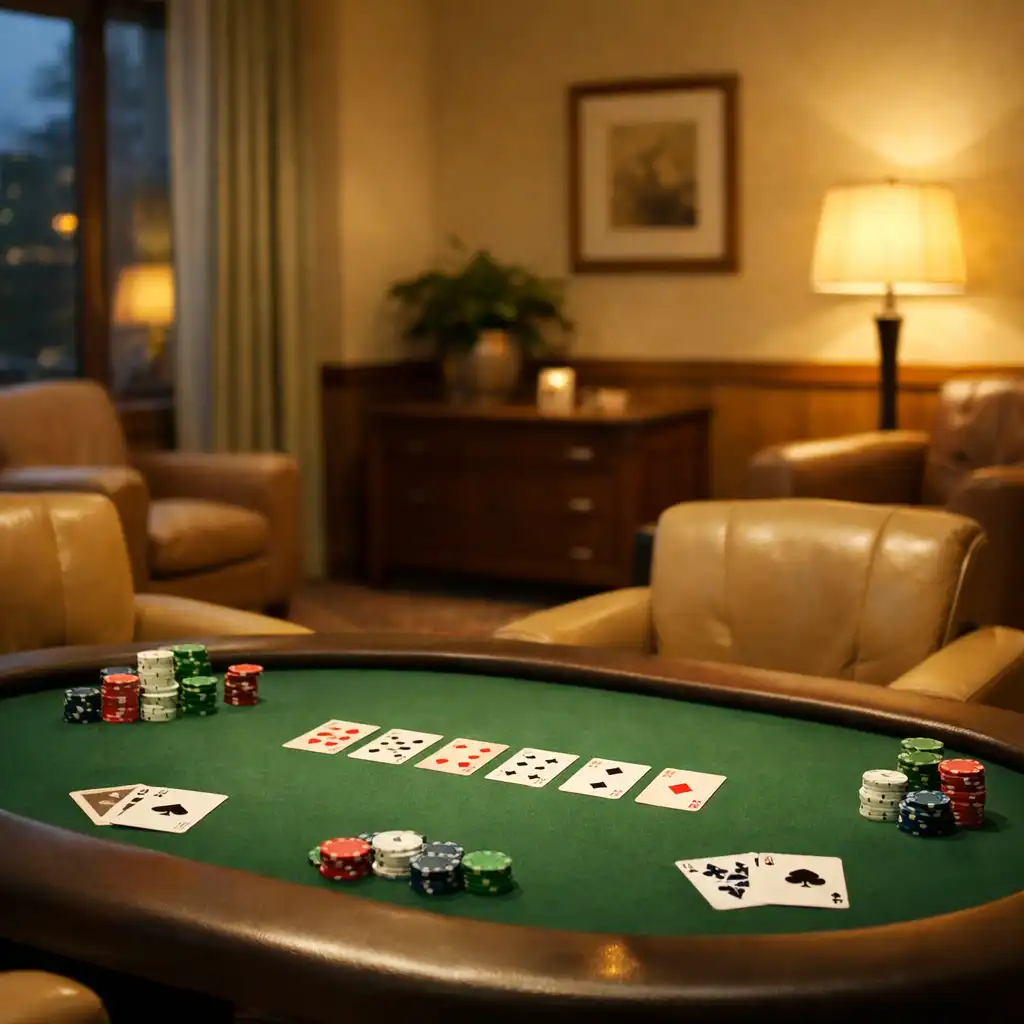 A quiet card lounge with a poker table, armchairs, and warm evening light