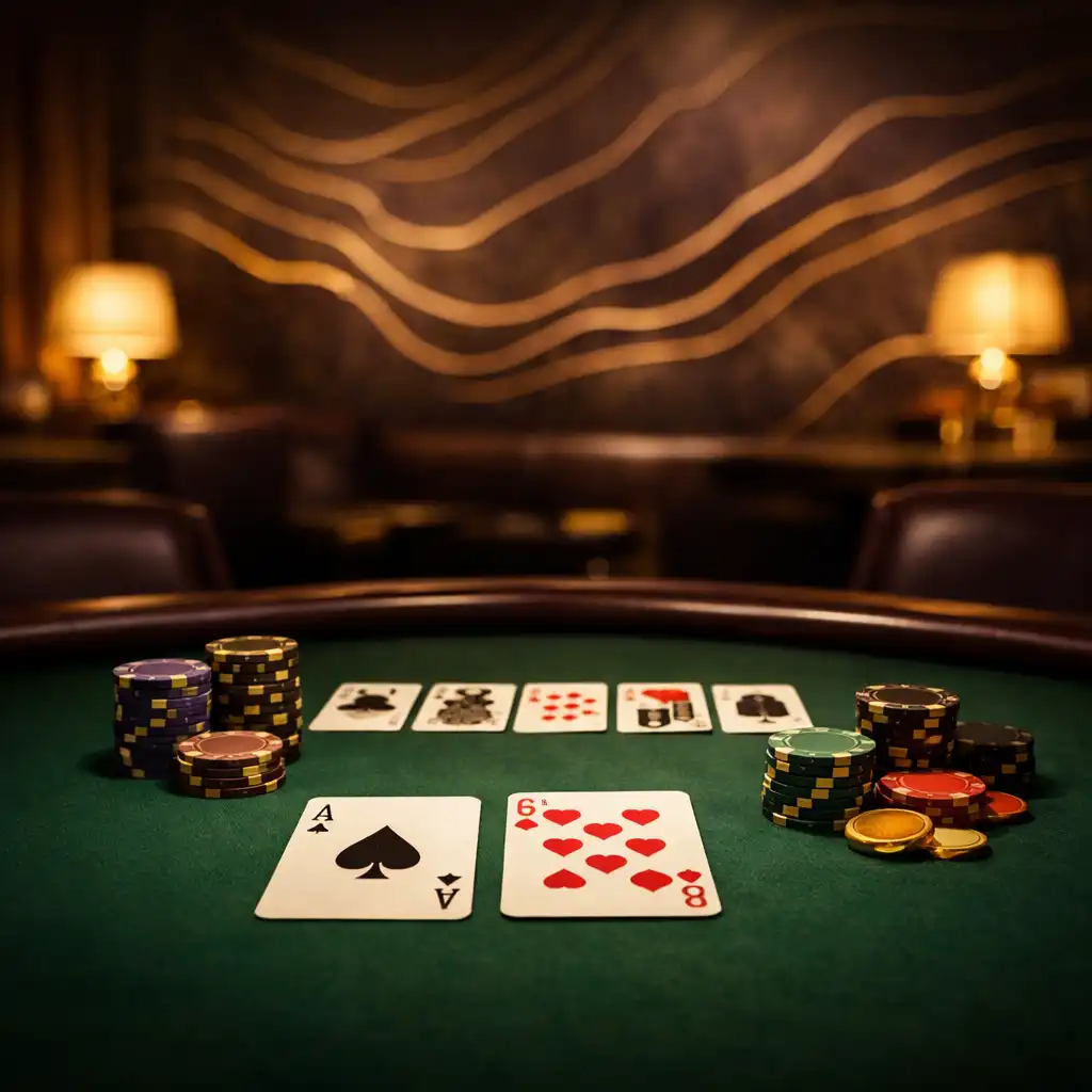 Poker table with green felt, cards, and chips in an elegant hotel lounge with warm lighting