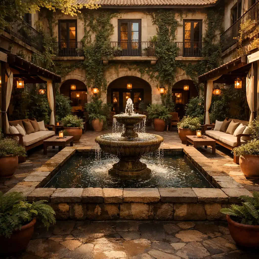 Secluded hotel courtyard with a stone water feature, shaded seating, and potted plants