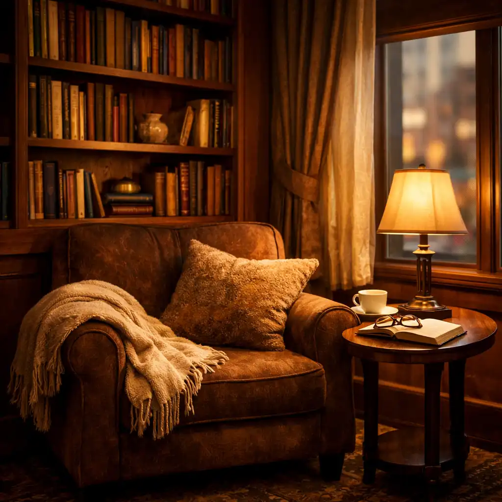 Cosy reading nook with a built-in bookshelf, armchair, throw blanket, and reading lamp