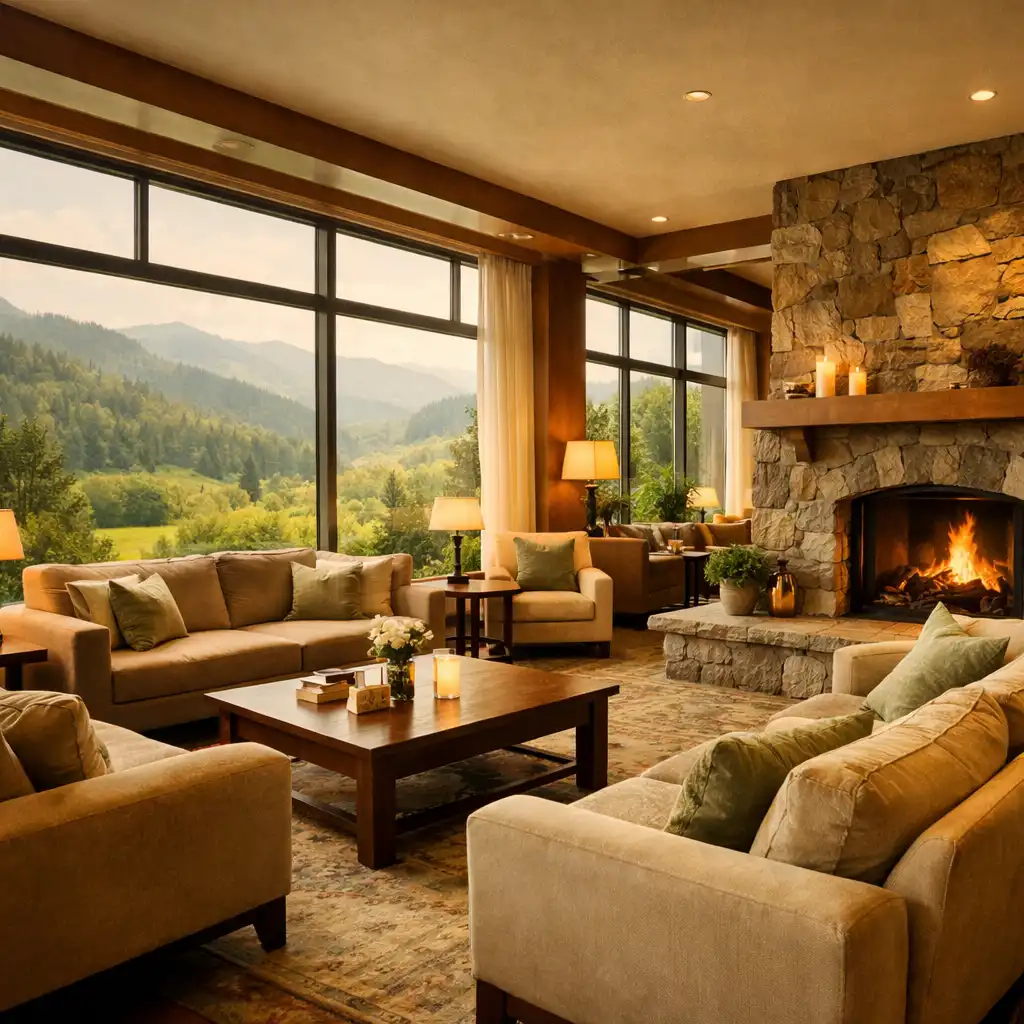 Spacious hotel lounge with floor-to-ceiling windows overlooking a lush green valley, plush sofas, and a stone fireplace