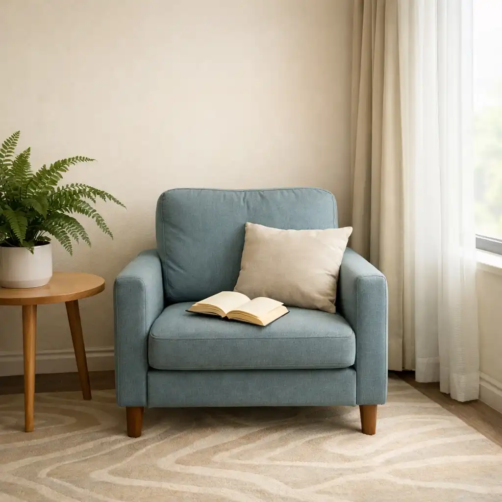 Serene hotel relaxation area with a comfortable armchair, side table, and soft natural light