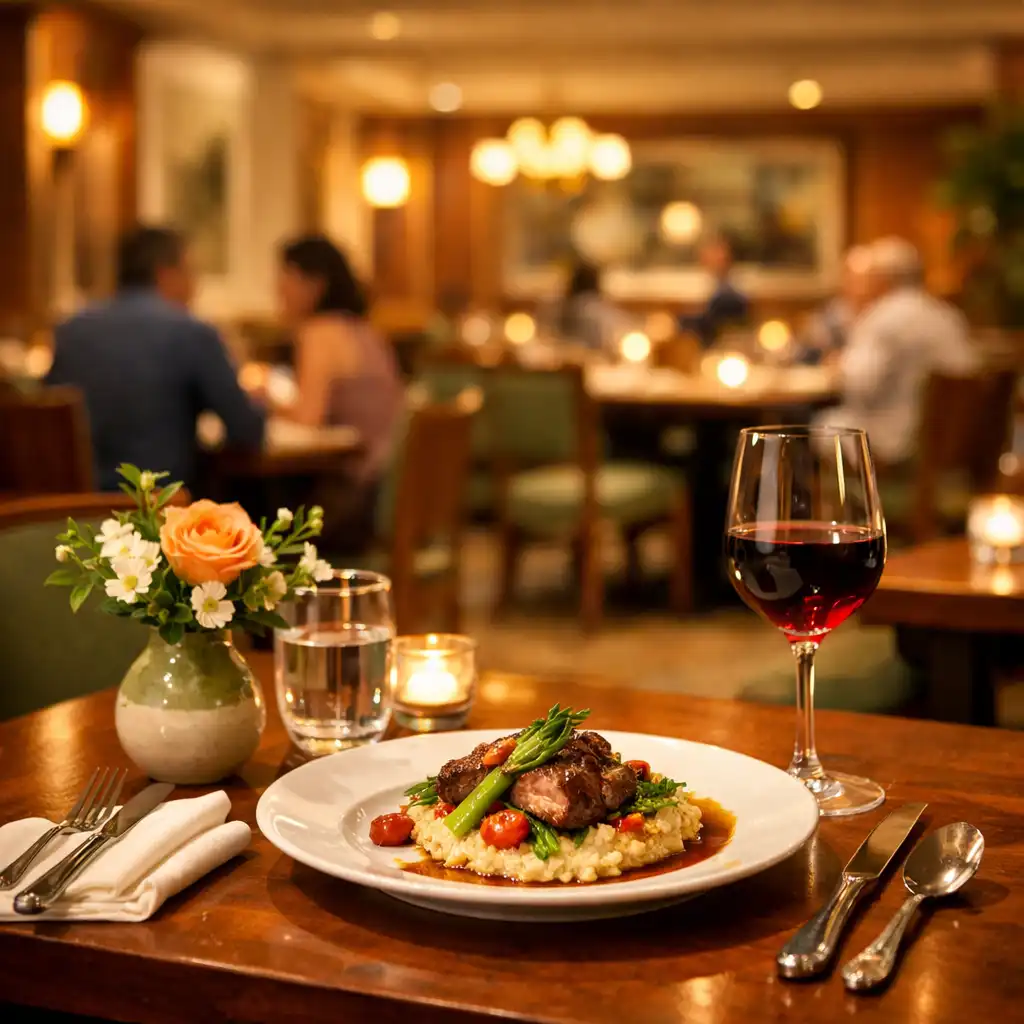 Elegant hotel restaurant interior with tables set for dinner and warm ambient lighting