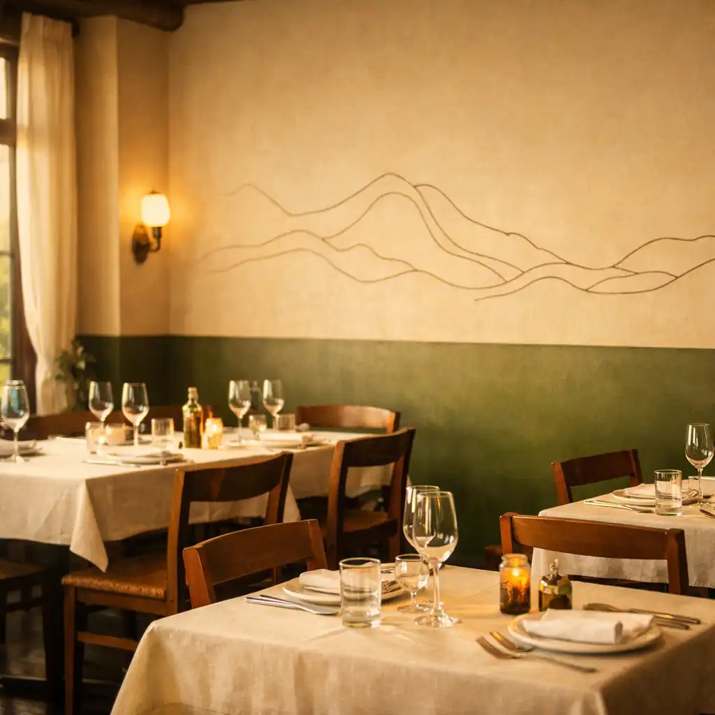 A warm, inviting restaurant interior with wooden tables set with white linens and simple tableware, large windows letting in soft natural light, subtle contour-line artwork on the wall