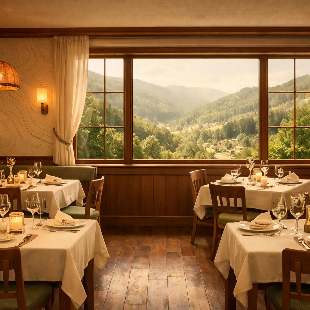 Warm, inviting restaurant interior with soft natural light, wooden tables, and large windows overlooking a green valley