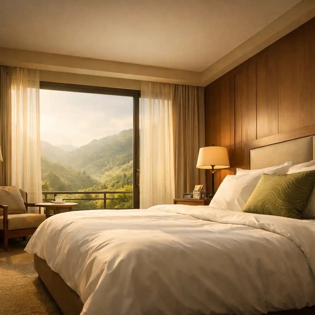 A luxurious Valley Rest Hotel room with a king bed, warm wooden accents, and a large window overlooking a green valley