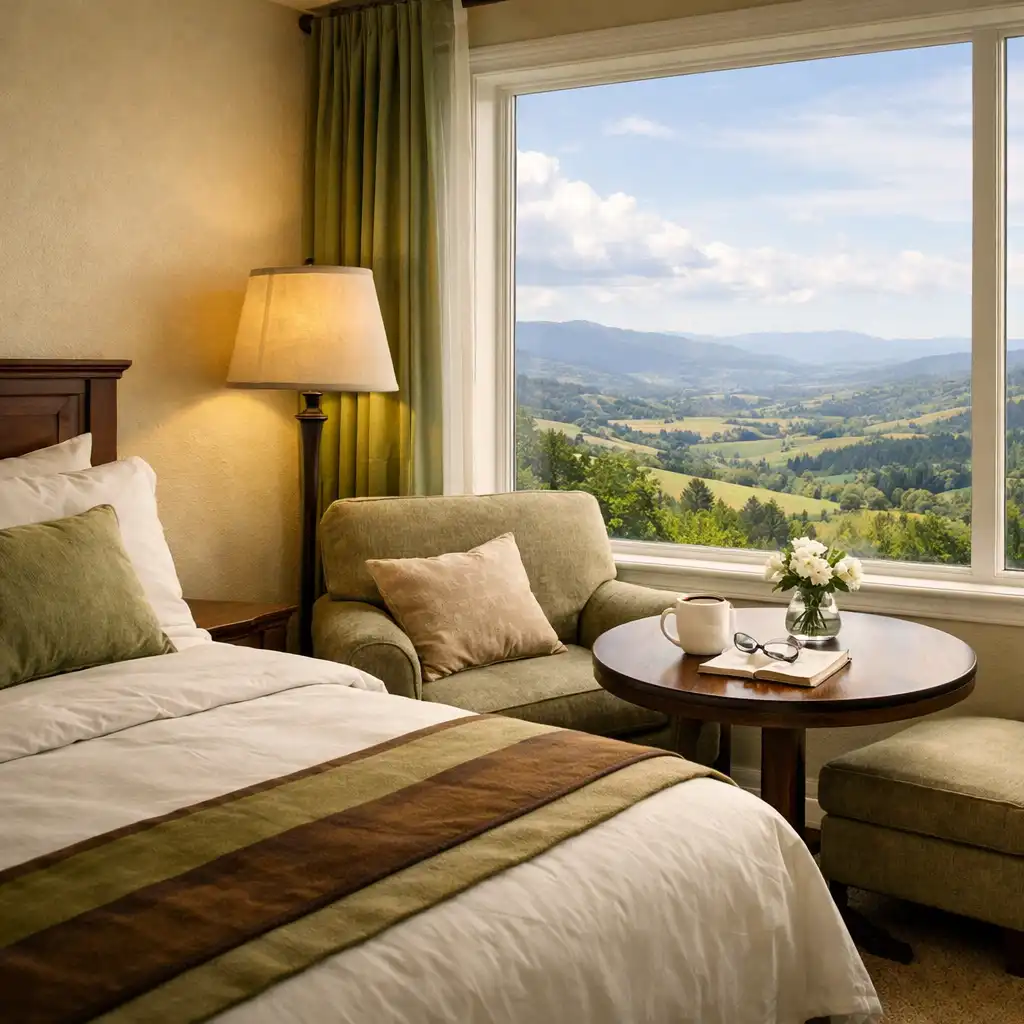 A Valley Level room with a comfortable seating area by a large window overlooking rolling hills