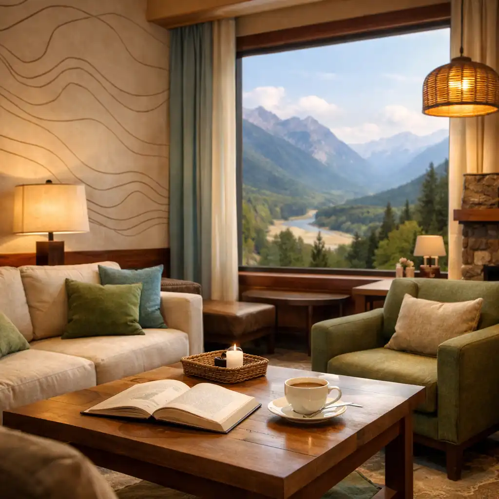 Cozy hotel lounge with comfortable seating, warm lighting, and a valley view